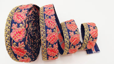 Navy Blue Trim with Floral Embroidery Salmon Pink Embroidered Leaves Trim, Decorative Trim, Indian Border